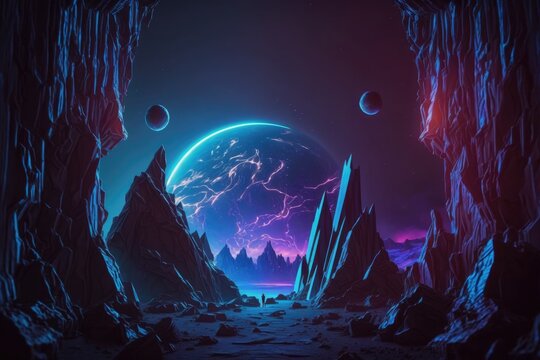 Alien Planet sci-fi outer space encounter wallpaper generative ai Illustration with copy space	
