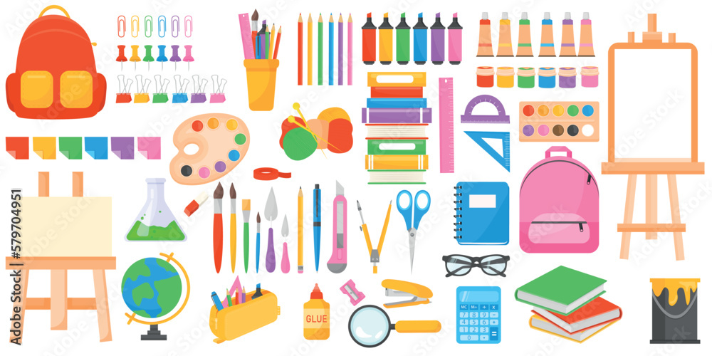 Wall mural Vector cartoon set of school stationery. A variety of bright educational elements for your design. The concept of study and work.