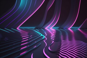 abstract background, pink blue neon light, glowing dynamic wavy lines on the floor, ultraviolet spectrum generative ai waves