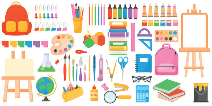Vector cartoon set of school stationery. A variety of bright educational elements for your design. The concept of study and work.