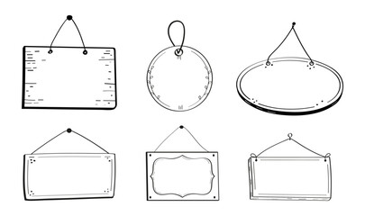 Empty door tag set vector. Supermarket haning labels. Shop door badge illustration in doodle sketch style.