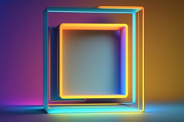 abstract colorful neon background with a square frame. Simple geometric shape, blank banner generative ai 