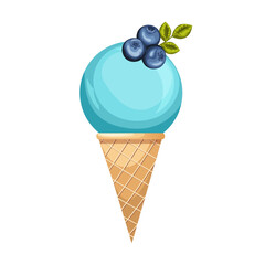 blueberry ice cream in a waffle cone set. Colorful ice cream ball with berry in pastel colors. Delicious frozen dessert. Refreshing frozen dessert. cartoon vector illustration