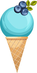blueberry ice cream in a waffle cone set. Colorful ice cream ball with berry in pastel colors. Delicious frozen dessert. Refreshing frozen dessert. cartoon vector illustration
