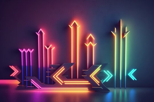 Glowing Neon abstract generative ai minimalist geometric background. Colorful neon arrows approach each other, linear sign