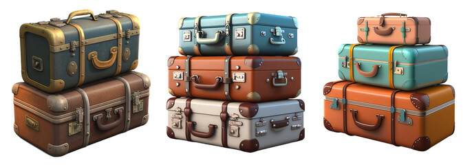 Three sets of antique suitcases stacked on a transparent background, Generative AI