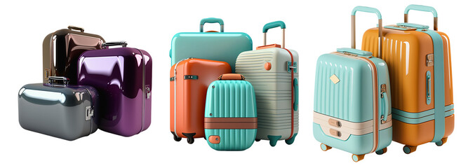 Three sets of modern suitcases on wheels and without wheels on a transparent background, Generative AI