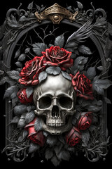 Gothic Skull with Black Roses Dark and Moody Artwork Skull PNG  |  AI Generated