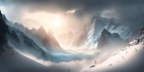 Foggy dawn in the mountains. Fairy-tale landscape in pale blue tones. Photorealistic illustration generated by AI.