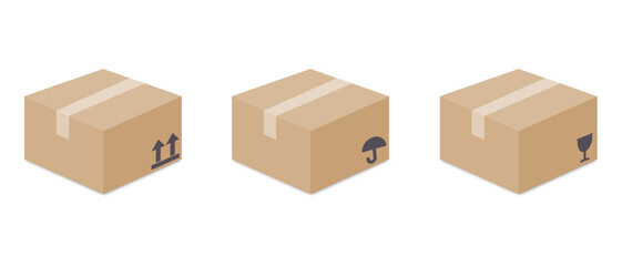 Realistic cardboard box mockup set from side, front and top view isolated on white background. Parcel packaging template. Packaging symbols. Vector illustration