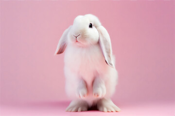 Front view of a white cute holland lop rabbit standing on a pink background. Great action of a young rabbit