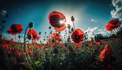 A meadow filled with blooming red poppies in the springtime illuminated by bright sunlight against a blue sky. Generative AI illustration.