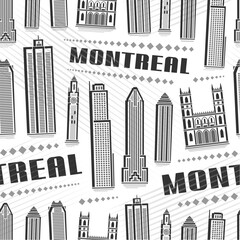 Fototapeta premium Vector Montreal Seamless Pattern, repeating background with illustration of famous montreal city scape on white background for wrapping paper, monochrome line art urban poster with black text montreal