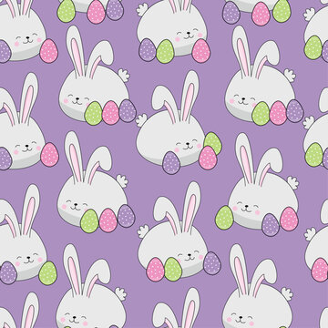 Easter bunny with eggs, seamless pattern on purple background. Good for textile print, wrapping and wall paper, covering.