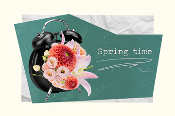 Exclusive magazine picture sketch collage image of clock saying spring time coming isolated painting background
