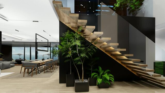 4K video rendering of modern cozy interior with living,dining zone stair and kitchen for sale or rent with wood plank by the sea or ocean. Spacious apartments with expensive furniture and equipment.