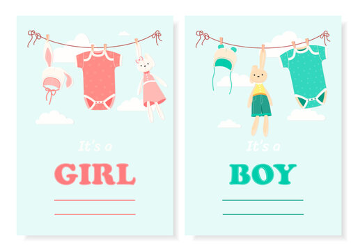 Two greeting cards for baby shower. Baby shower invitation on blue background. This is a boy. It's a girl. hat, bodysuit and rabbit toy are dried on a rope. Vector illustration