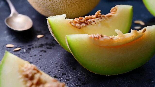 Cantaloupe, melon fruit slice over dark background. 