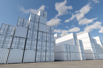 Fototapeta premium A lot of white containers on a specialized site. Warehouse of stacked cargo standard containers for temporary storage, loading, unloading and sorting at a container station.