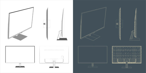 Vector Desktop Monitor Computer screen illustration line blueprint wireframe with transparent background for you design