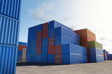 Warehouse of stacked cargo standard containers for temporary storage, loading, unloading and sorting at the container point. A lot of multi-colored containers on a specialized site.