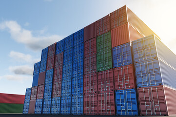 Warehouse of stacked cargo standard containers for temporary storage, loading, unloading and sorting at the container point. A lot of multi-colored containers on a specialized site.