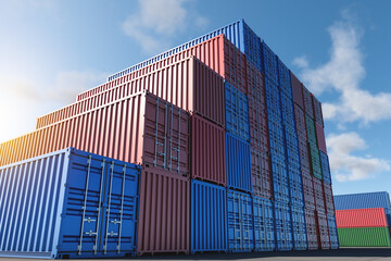 Warehouse of stacked cargo standard containers for temporary storage, loading, unloading and sorting at the container point. A lot of multi-colored containers on a specialized site.
