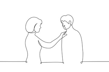 woman put her hand on the man's shoulder, they stand opposite each other - one line drawing vector. the concept of friendship between a man and a woman, support from a woman, couple