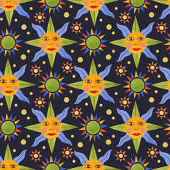 Watercolor seamless sun pattern in folk art.