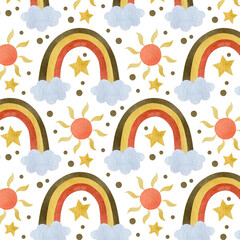 Watercolor seamless pattern rainbow and sun in folk art.