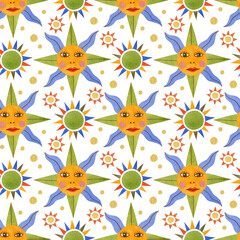 Watercolor seamless sun pattern in folk art.