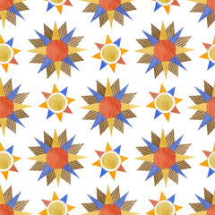 Watercolor seamless sun pattern in folk art.