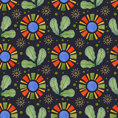 Watercolor seamless pattern leaves and sun in folk art.
