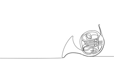 French horn one line art. Continuous line drawing of musical, classic, melody, acoustic, symphonic, horn, french, ensemble, orchestra, trumpet.
