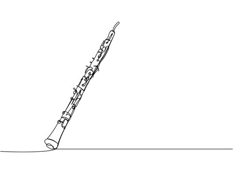 Clarinet one line art. Continuous line drawing of wind, symphony, retro, clarinet, bass, oboe, sax, music, flute, jazz, orchestra, horn.