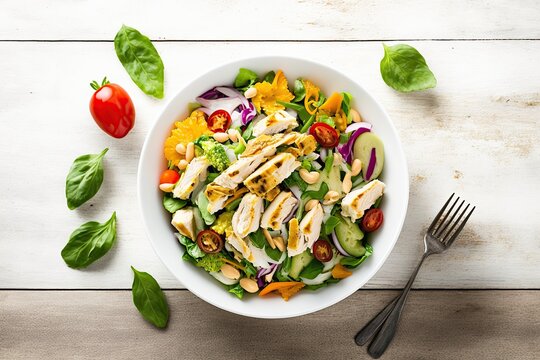 Chicken fillet with salad. Healthy food, keto diet, diet lunch concept. Top view 
