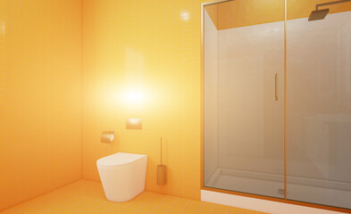 Shower room: spacious shower stall and stylish yellow ceramic tiles. 3D rendering.. Sunset.