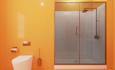 Spring freshness: cozy bathroom with yellow ceramic tiles and comfortable shower. 3D rendering.