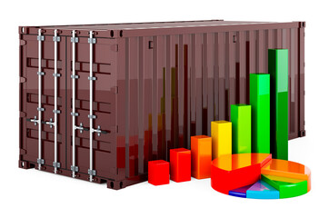 Green cargo container with growth bar graph and pie chart. 3D rendering