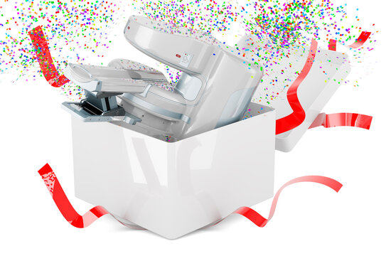 Open MRI Machine inside gift box, 3D rendering