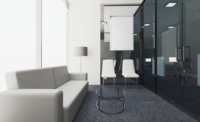 Elegant office interior. Mixed media. 3D rendering.. Mockup.   Empty paintings