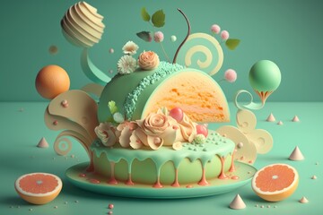 Fototapeta premium Fruit cake. Holiday cake with cream and fruit. Unusual, surreal sweets. Generative ai.