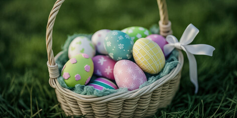 Panier en osier avec des œufs de Pâques colorés posés dans l'herbe