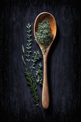 Thyme in wooden spoon over dark background. Table top view. Generative AI vertical illustration