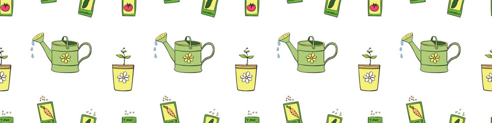 Vector seamless pattern with watering cans, bags with seeds vegetables, pots with plant sprout, seedlings. Bright texture in doodle flat style on topic of gardening, farming, agriculture - obrazy, fototapety, plakaty