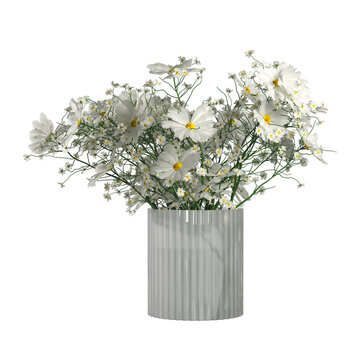bouquet of daisies in a vase on transparent background PNG file.Floral arrangement, bouquet of garden flowers. Can be used for invitations, greeting, wedding card