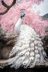 White peacock in spring mountains. Nature view. Generative AI