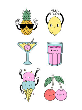 Retro cartoon food characters. Cocktails, fruits, ice cream. Stickers in trendy y2k style.