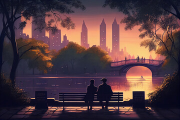 Romantic date in a picturesque park. AI generated. - obrazy, fototapety, plakaty