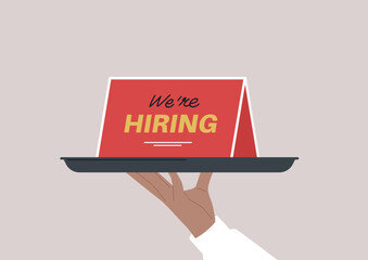 We are hiring, a hand holding an announcement card on a tray, HoReCa business